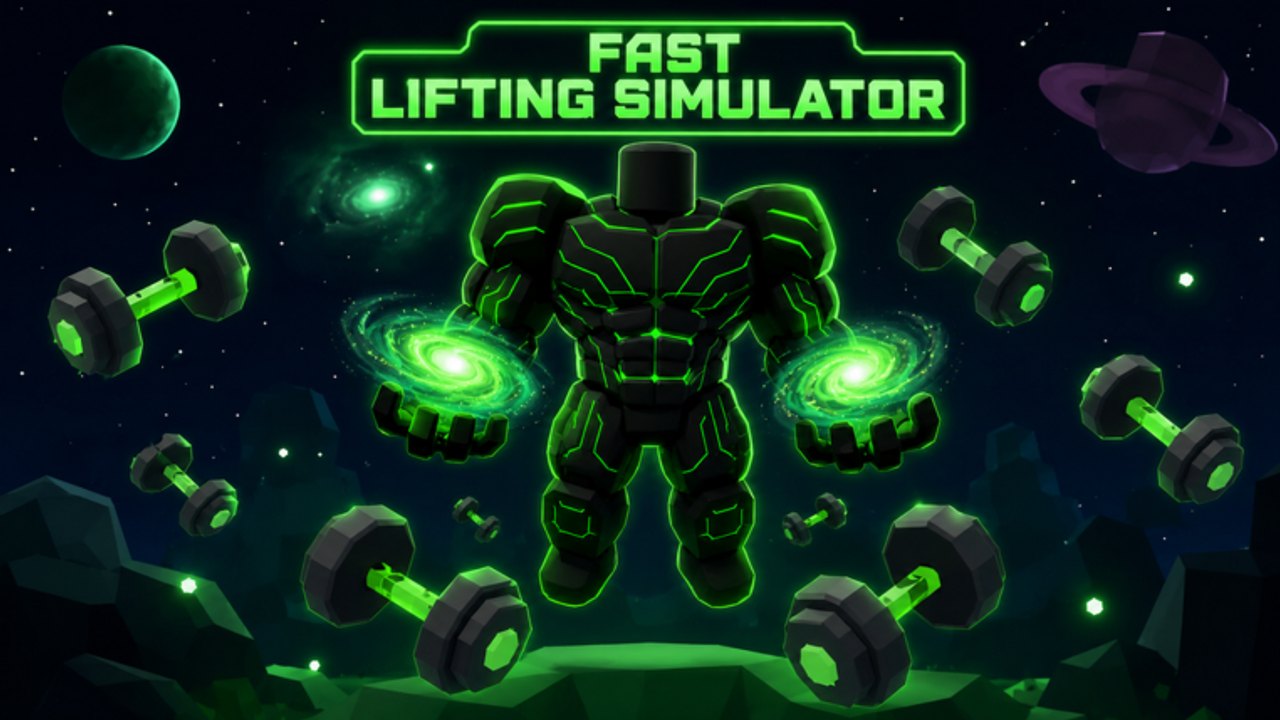 Muscular Fast Lifting Simulator avatar surrounded by neon dumbbells in space
